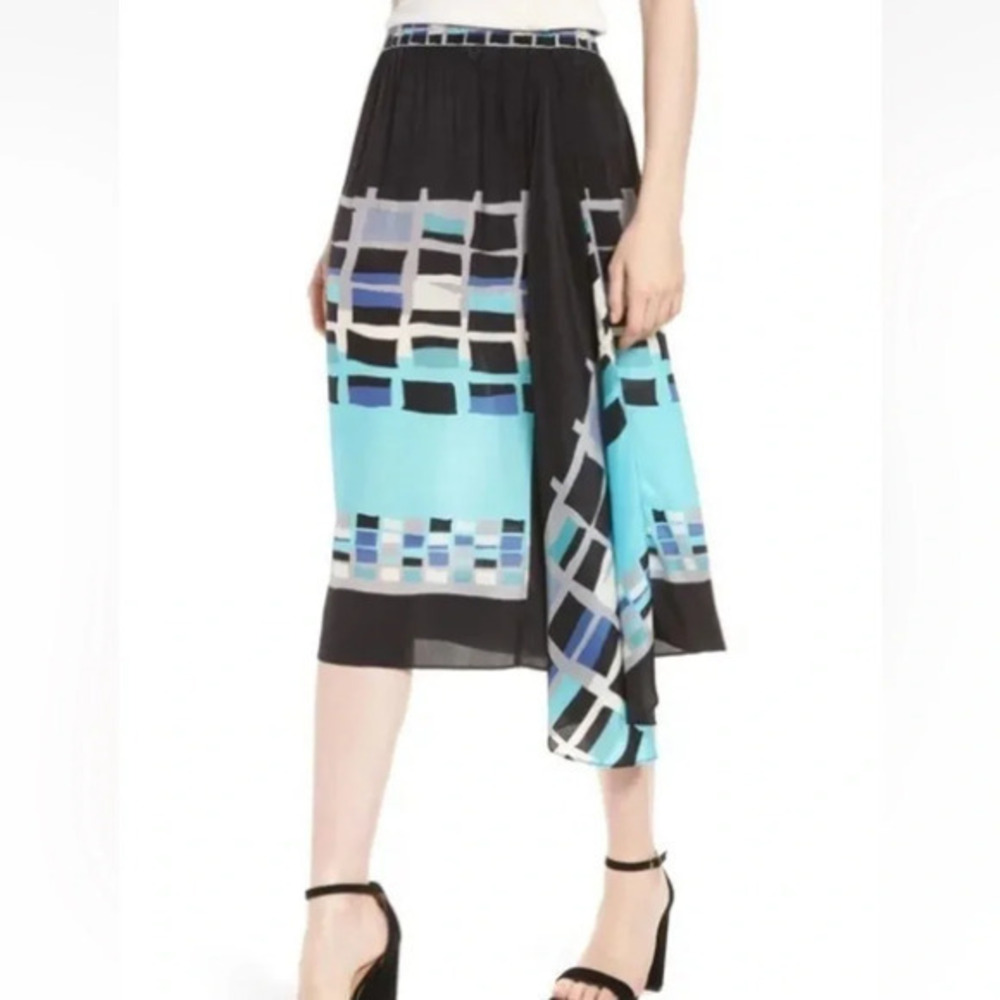 NIC + ZOE From Above Silk Blend Printed Blue Midi Skirt Faux Wrap
